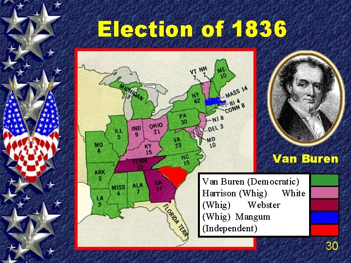 Election of 1836 Van Buren (Democratic) Harrison (Whig) White (Whig) Webster (Whig) Mangum (Independent)