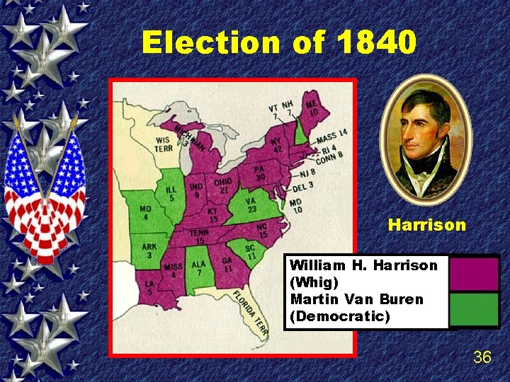 Election of 1840 Harrison William H. Harrison (Whig) Martin Van Buren (Democratic) 36 