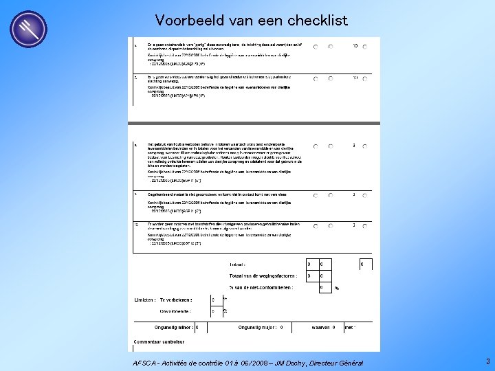 Voorbeeld van een checklist AFSCA - Activités de contrôle 01 à 06 /2008 –