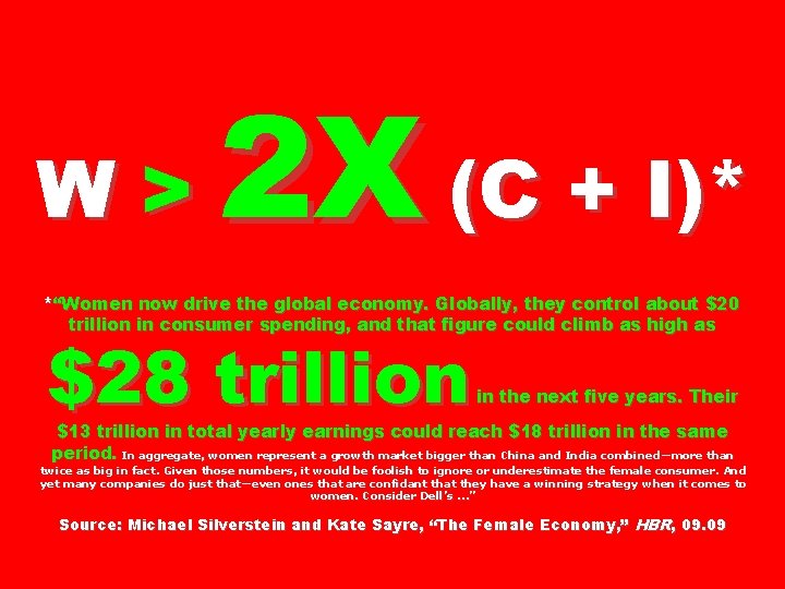 W> 2 X (C + I)* *“Women now drive the global economy. Globally, they