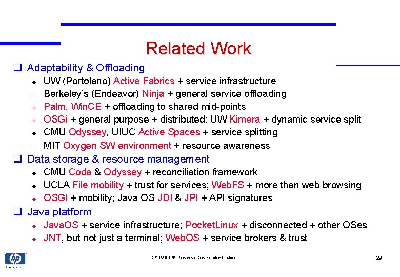 Related Work q Adaptability & Offloading v v v UW (Portolano) Active Fabrics +