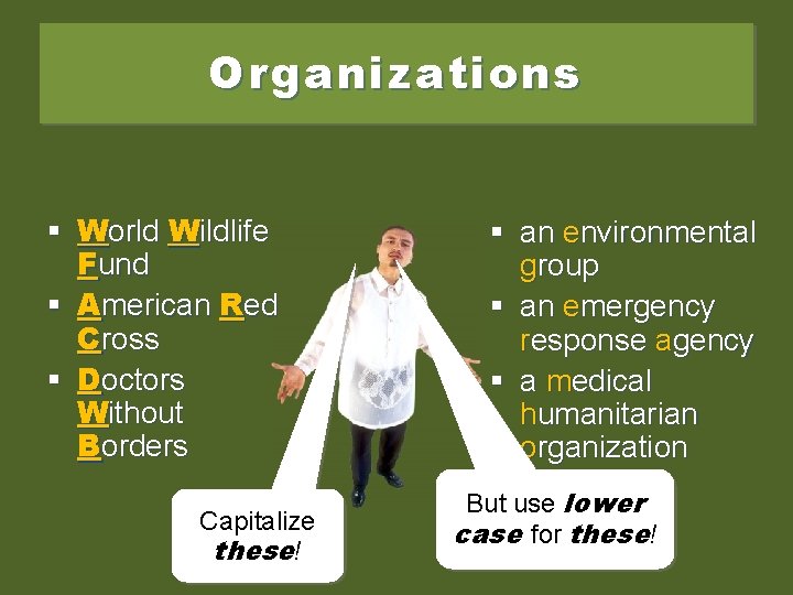 Organizations § World Wildlife Fund § American Red Cross § Doctors Without Borders Capitalize