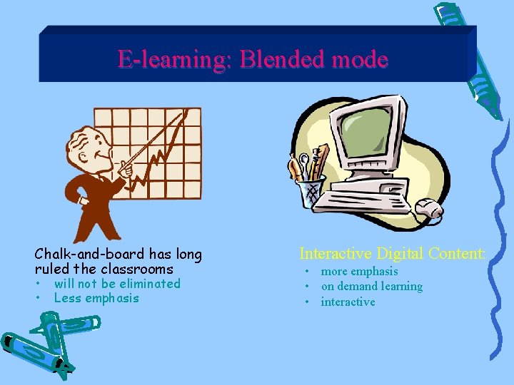 E-learning: Blended mode Chalk-and-board has long ruled the classrooms • • will not be