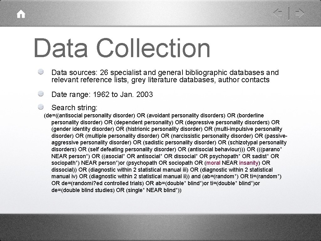 Data Collection Data sources: 26 specialist and general bibliographic databases and relevant reference lists,