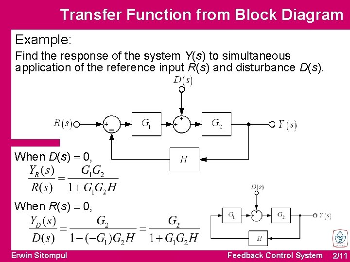 Transfer Function from Block Diagram Example: Find the response of the system Y(s) to