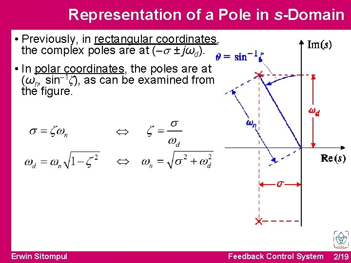 Representation of a Pole in s-Domain • Previously, in rectangular coordinates, the complex poles
