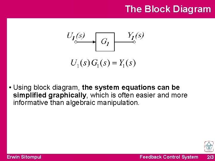 The Block Diagram • Using block diagram, the system equations can be simplified graphically,