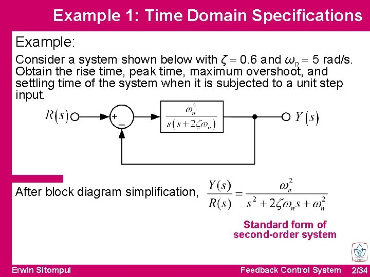 Example 1: Time Domain Specifications Example: Consider a system shown below with ζ =