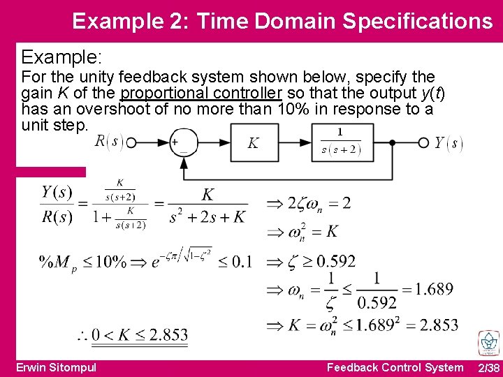 Example 2: Time Domain Specifications Example: For the unity feedback system shown below, specify