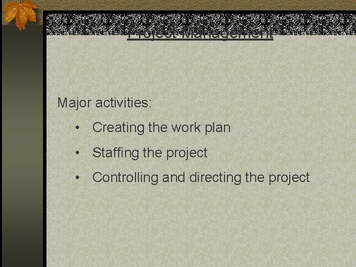 Project Management Major activities: • Creating the work plan • Staffing the project • Project Management Major activities: • Creating the work plan • Staffing the project •