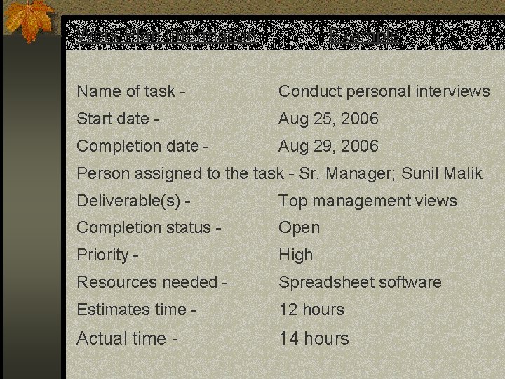 Work Plan Information Example Name of task - Conduct personal interviews Start date - Work Plan Information Example Name of task - Conduct personal interviews Start date -