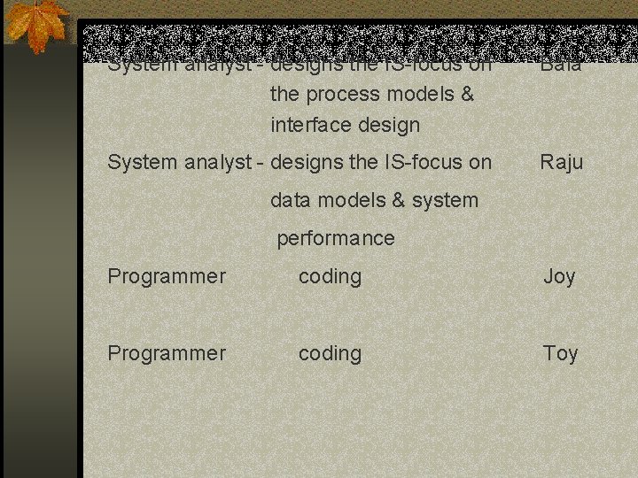 System analyst - designs the IS-focus on the process models & interface design Bala System analyst - designs the IS-focus on the process models & interface design Bala