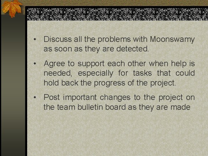 • Discuss all the problems with Moonswamy as soon as they are detected. • Discuss all the problems with Moonswamy as soon as they are detected.