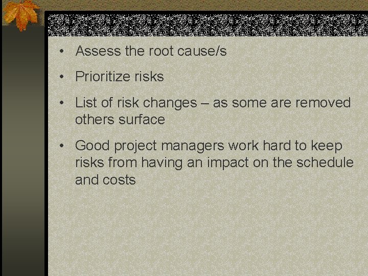 • Assess the root cause/s • Prioritize risks • List of risk changes • Assess the root cause/s • Prioritize risks • List of risk changes