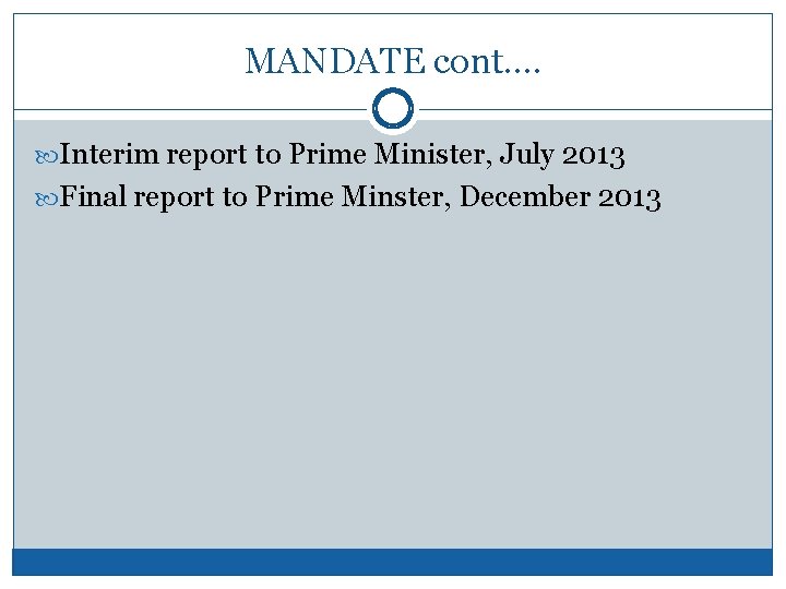 MANDATE cont…. Interim report to Prime Minister, July 2013 Final report to Prime Minster,