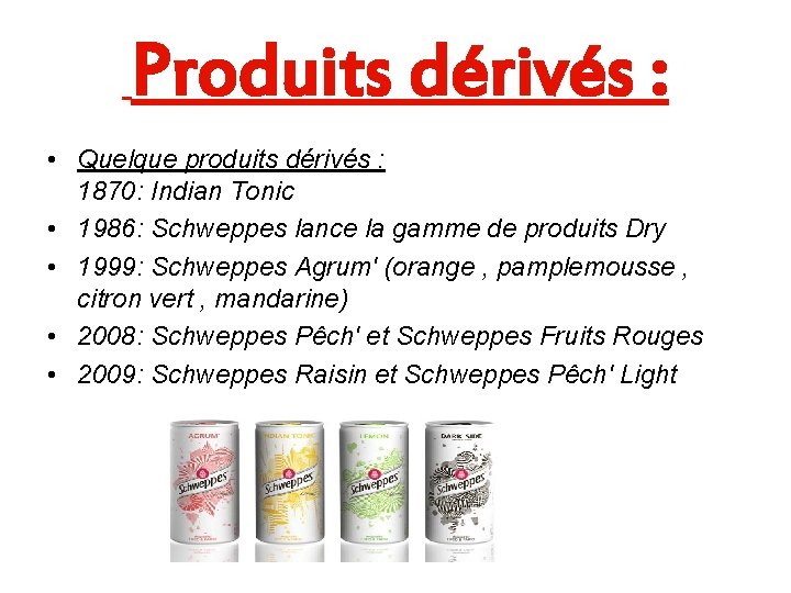 Produits dérivés : • Quelque produits dérivés : 1870: Indian Tonic • 1986: Schweppes