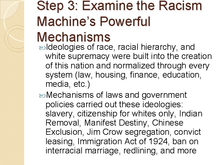 Step 3: Examine the Racism Machine’s Powerful Mechanisms Ideologies of race, racial hierarchy, and