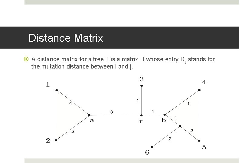Distance Matrix A distance matrix for a tree T is a matrix D whose