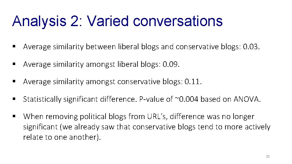 Analysis 2: Varied conversations § Average similarity between liberal blogs and conservative blogs: 0.