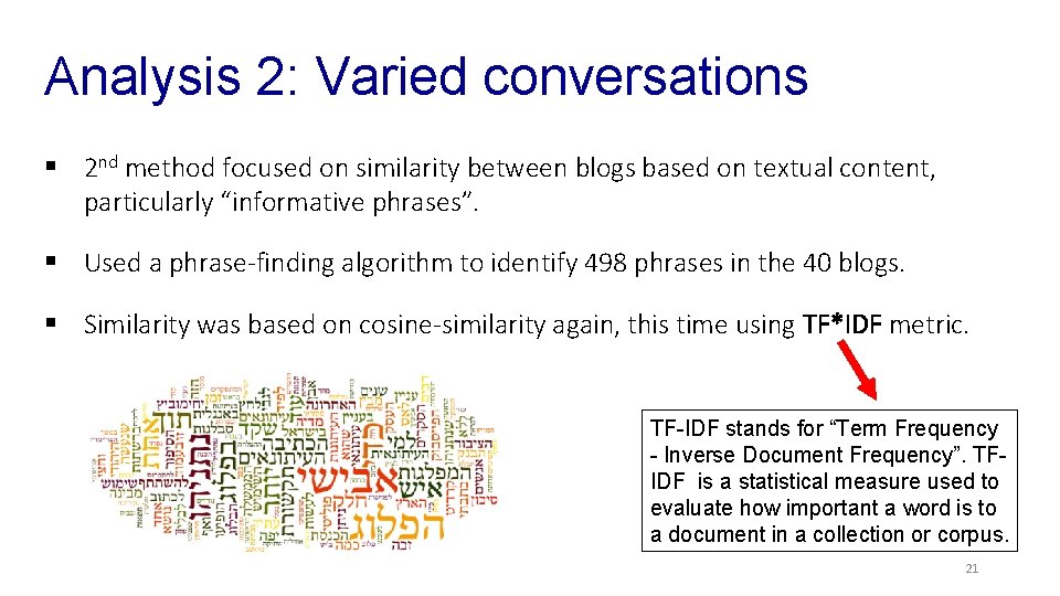 Analysis 2: Varied conversations § 2 nd method focused on similarity between blogs based