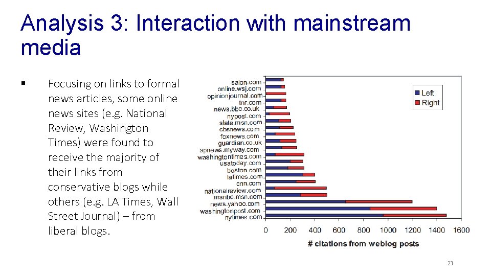Analysis 3: Interaction with mainstream media § Focusing on links to formal news articles,