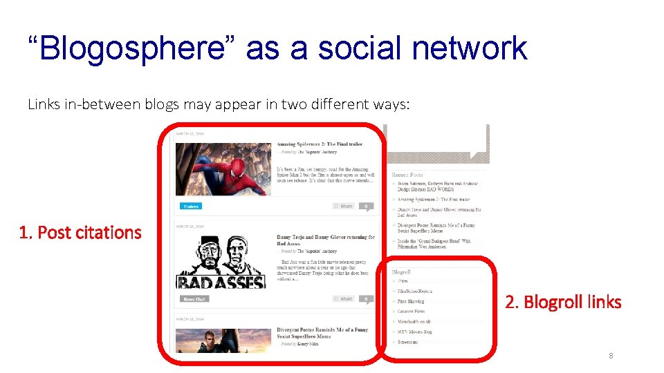 “Blogosphere” as a social network Links in-between blogs may appear in two different ways: