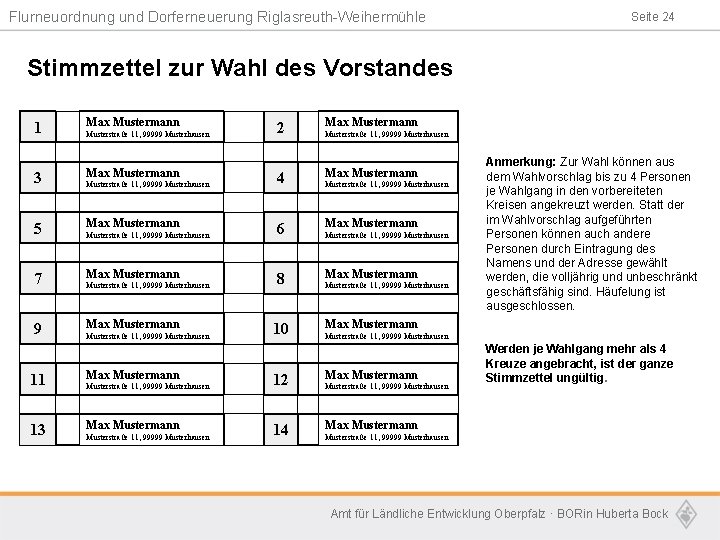 Flurneuordnung und Dorferneuerung Riglasreuth-Weihermühle Seite 24 Stimmzettel zur Wahl des Vorstandes 1 Max Mustermann