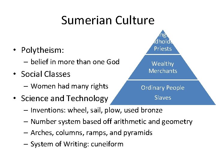 Sumerian Culture • Polytheism: – belief in more than one God • Social Classes