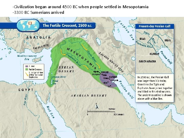 -Civilization began around 4500 BC when people settled in Mesopotamia -3300 BC Sumerians arrived
