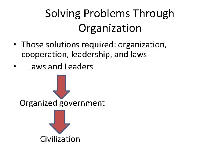 Solving Problems Through Organization • Those solutions required: organization, cooperation, leadership, and laws •