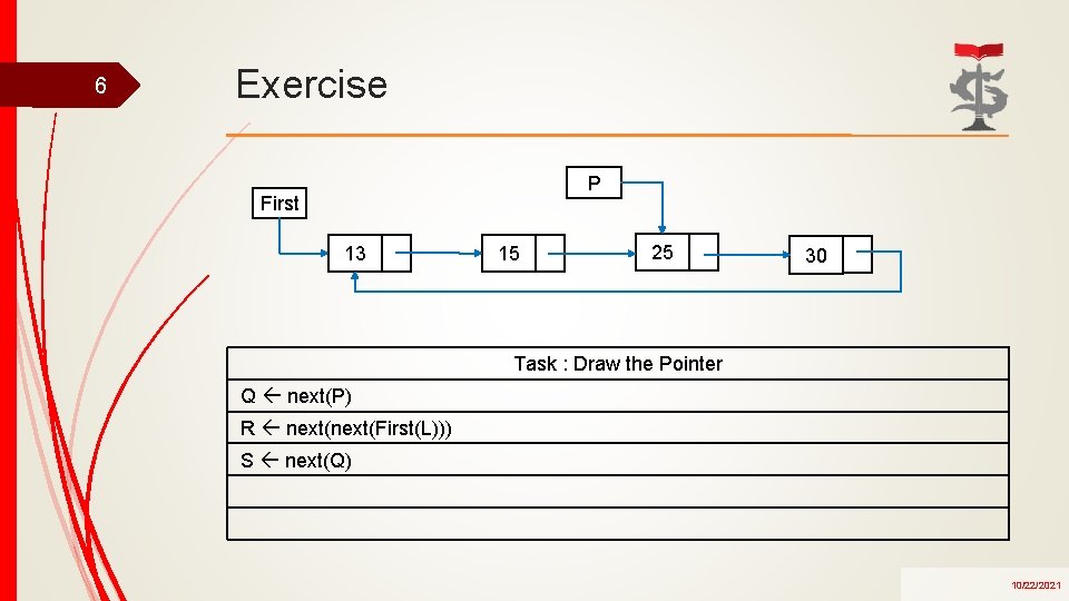 6 Exercise P First 13 15 25 30 Task : Draw the Pointer Q