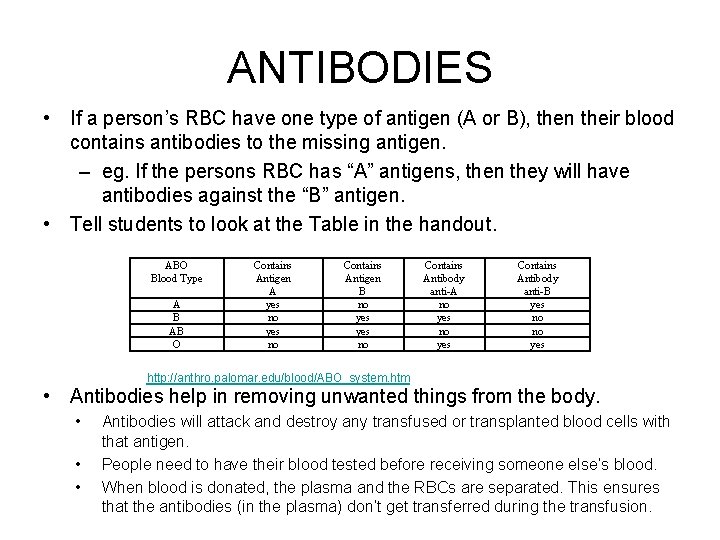 ANTIBODIES • If a person’s RBC have one type of antigen (A or B),