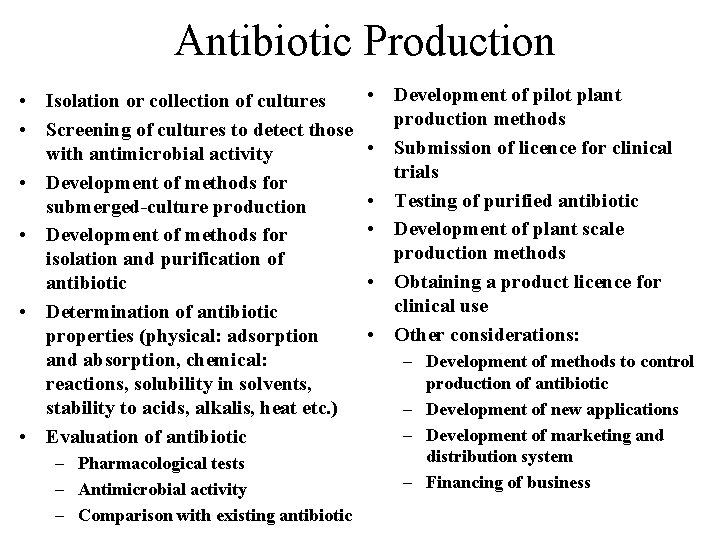 Antibiotic Production • Isolation or collection of cultures • Screening of cultures to detect