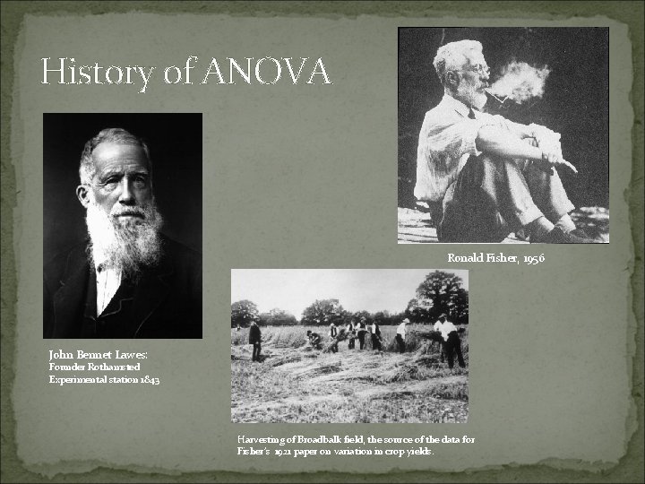 History of ANOVA Ronald Fisher, 1956 John Bennet Lawes: Founder Rothamsted Experimental station 1843