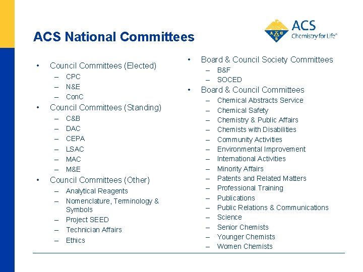 ACS National Committees • Council Committees (Elected) – CPC – N&E – Con. C