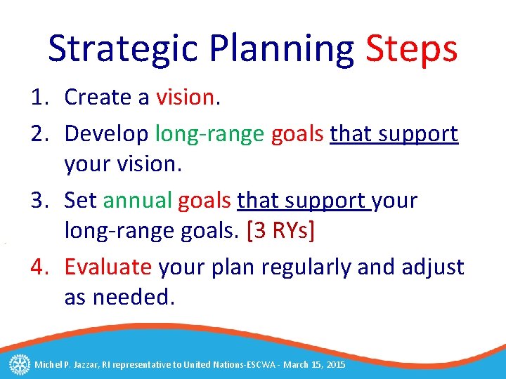 Strategic Planning Steps 1. Create a vision. 2. Develop long-range goals that support your