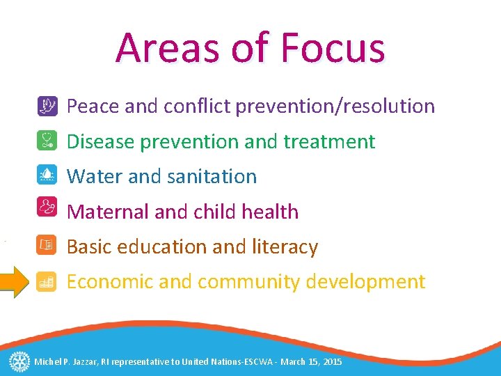 Areas of Focus Peace and conflict prevention/resolution Disease prevention and treatment Water and sanitation