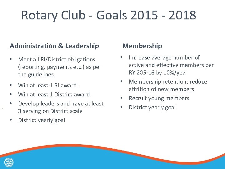 Rotary Club - Goals 2015 - 2018 Administration & Leadership Membership • Meet all