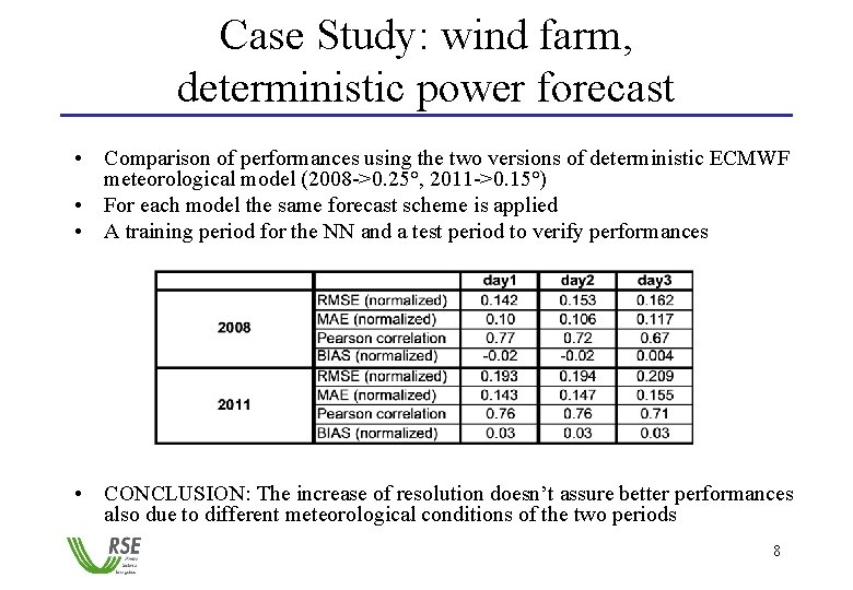 Case Study: wind farm, deterministic power forecast • Comparison of performances using the two