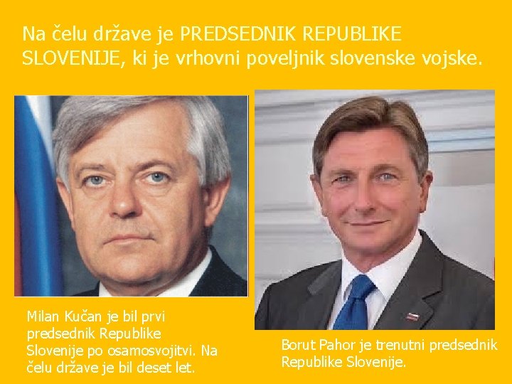 Na čelu države je PREDSEDNIK REPUBLIKE SLOVENIJE, ki je vrhovni poveljnik slovenske vojske. Milan