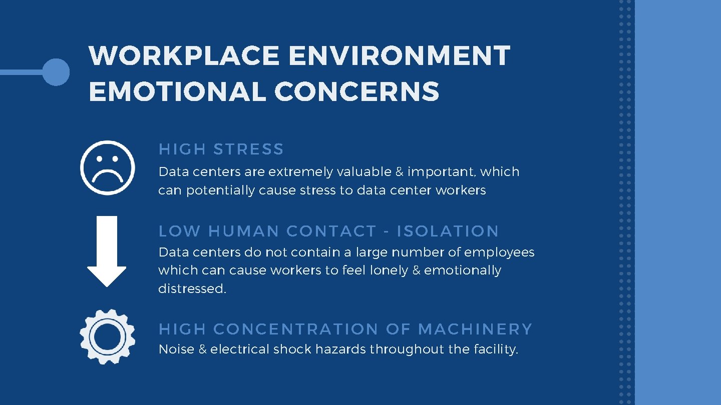 WORKPLACE ENVIRONMENT EMOTIONAL CONCERNS HIGH STRESS Data centers are extremely valuable & important, which