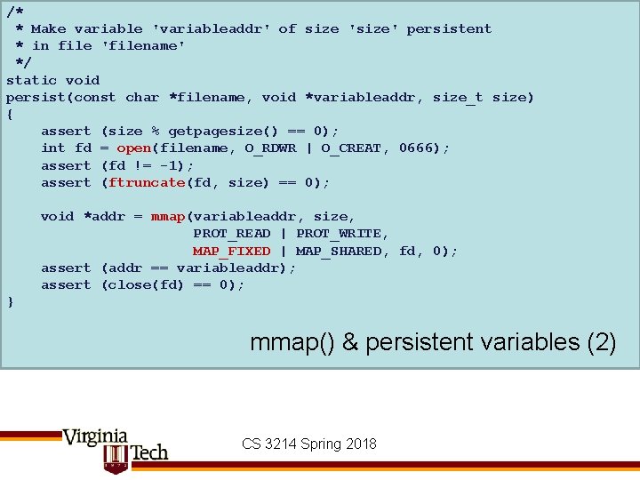 /* * Make variable 'variableaddr' of size 'size' persistent * in file 'filename' */