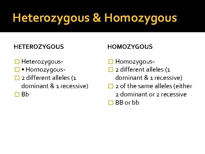 Heterozygous & Homozygous HETEROZYGOUS HOMOZYGOUS � Heterozygous� • Homozygous� 2 different alleles (1 �