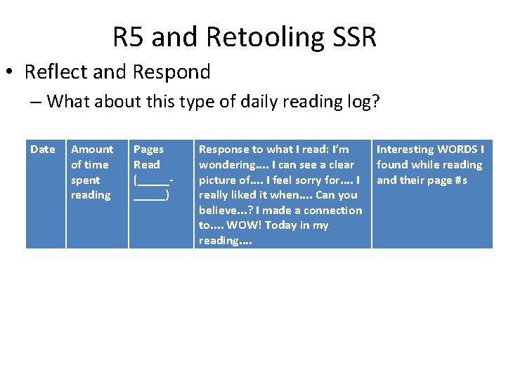 R 5 and Retooling SSR • Reflect and Respond – What about this type