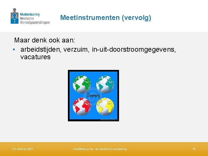 Meetinstrumenten (vervolg) Maar denk ook aan: • arbeidstijden, verzuim, in-uit-doorstroomgegevens, vacatures 23 oktober 2021