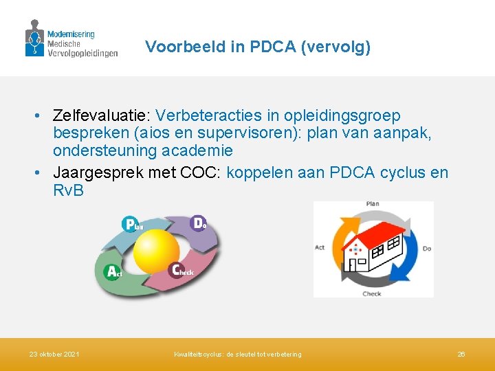 Voorbeeld in PDCA (vervolg) • Zelfevaluatie: Verbeteracties in opleidingsgroep bespreken (aios en supervisoren): plan