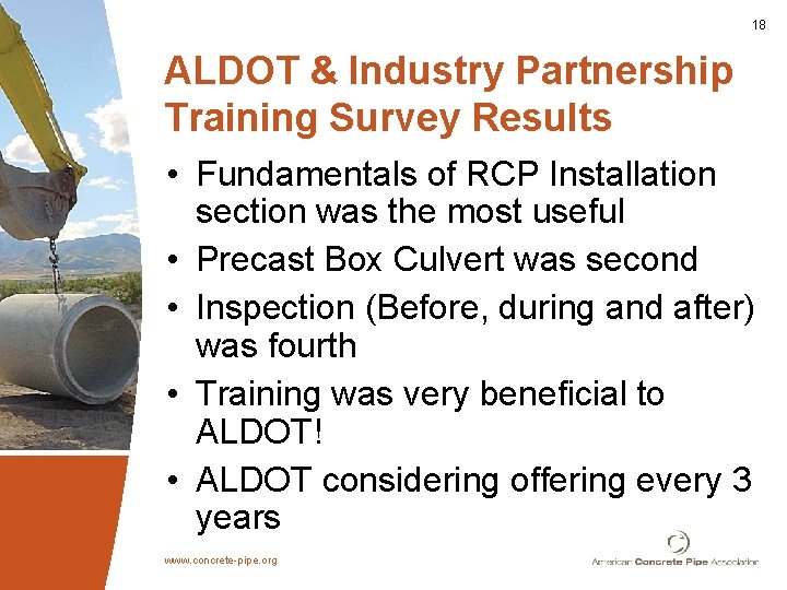 18 ALDOT & Industry Partnership Training Survey Results • Fundamentals of RCP Installation section