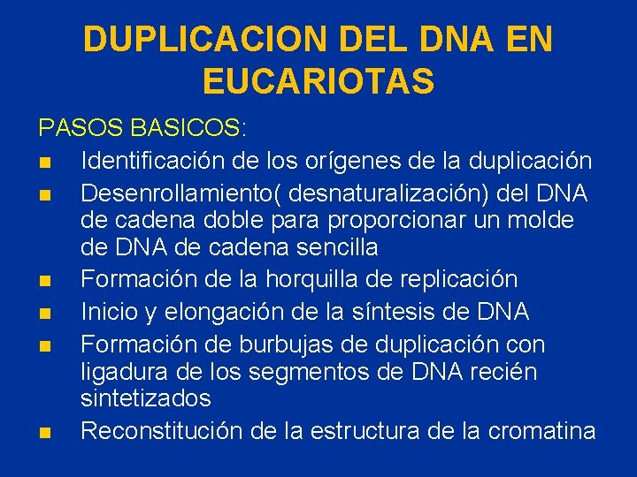 DUPLICACION DEL DNA EN EUCARIOTAS PASOS BASICOS: n Identificación de los orígenes de la