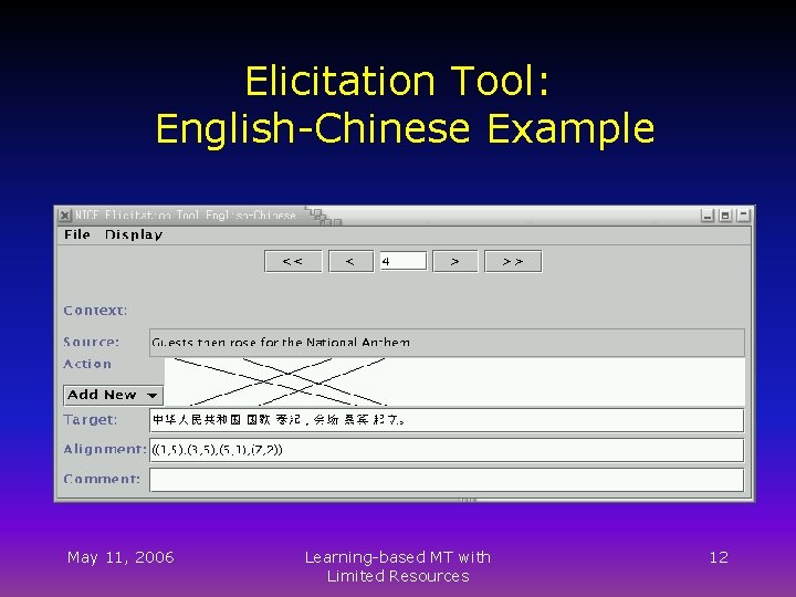 Elicitation Tool: English-Chinese Example May 11, 2006 Learning-based MT with Limited Resources 12 