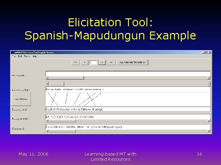 Elicitation Tool: Spanish-Mapudungun Example May 11, 2006 Learning-based MT with Limited Resources 16 